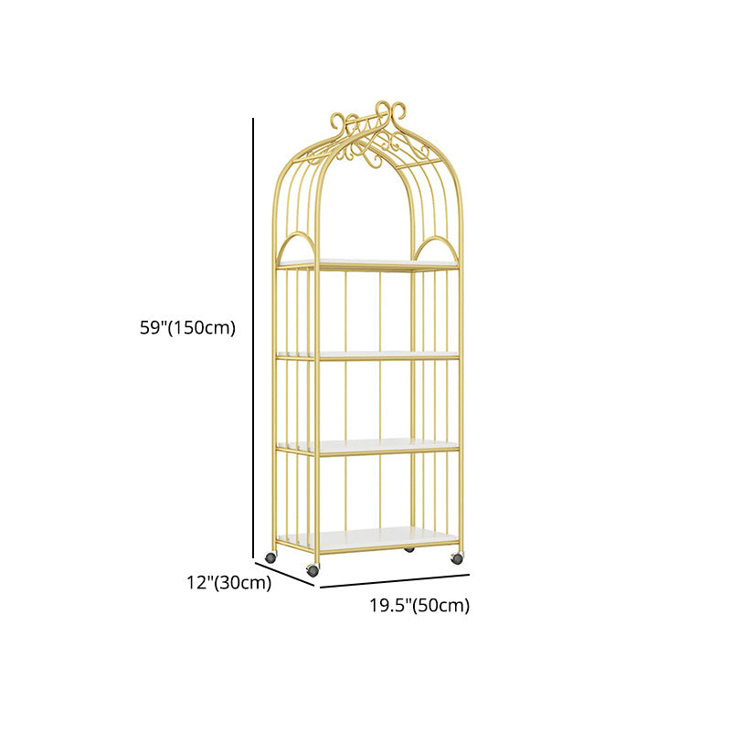 Gold Vertical Bookshelf Iron Frame Solid Wood Shelf Bookcase with Caster Wheels