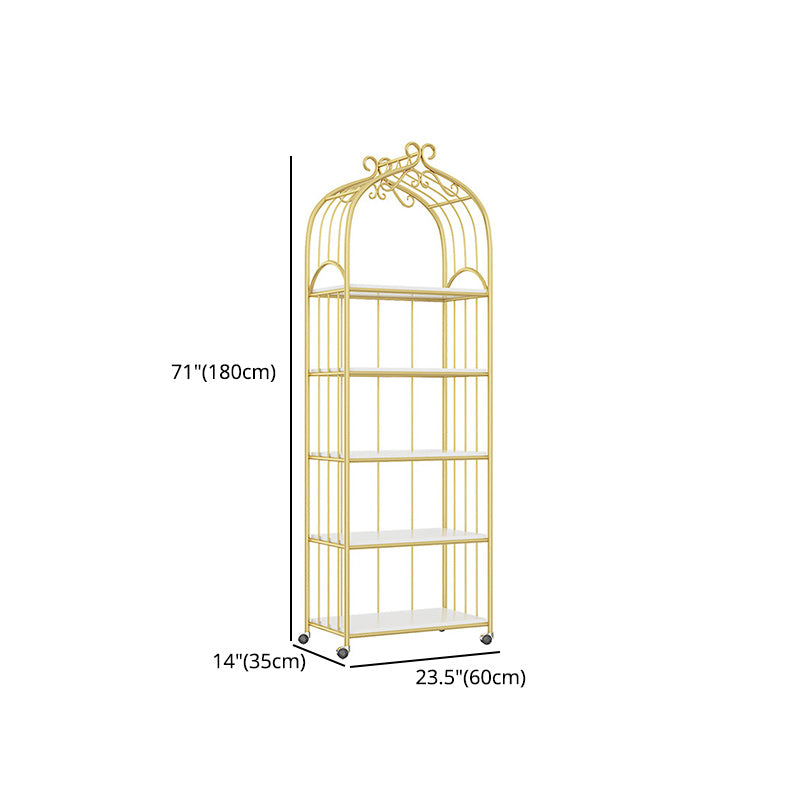 Gold Vertical Bookshelf Iron Frame Solid Wood Shelf Bookcase with Caster Wheels