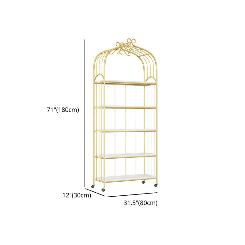 Gold Vertical Bookshelf Iron Frame Solid Wood Shelf Bookcase with Caster Wheels