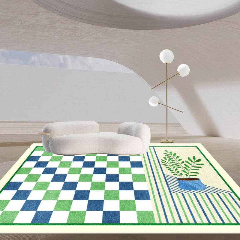 Green Simple Carpet Polyester Grid Carpet Washable Carpet for Living Room