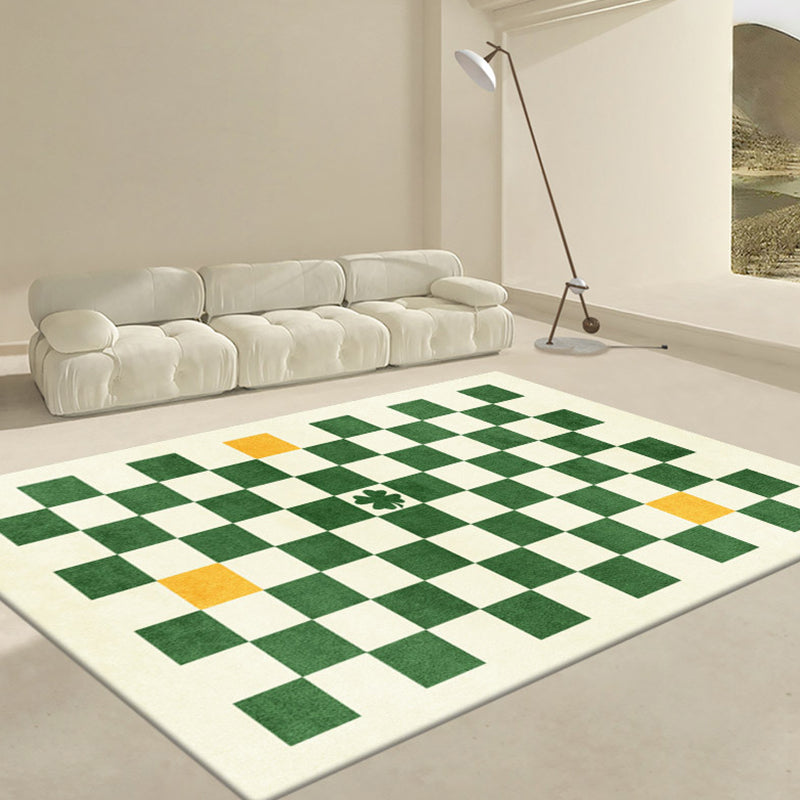 Green Simple Carpet Polyester Grid Carpet Washable Carpet for Living Room