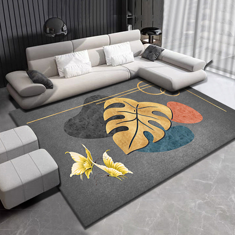 Dark Green Leaves Rug Polyester Contemporary Rug Washable Rug for Drawing Room