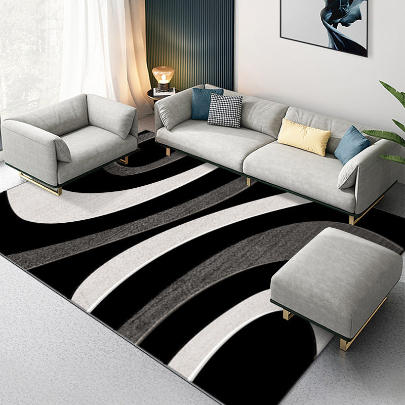 Black Abstract Striped Rug Polyester Modern Rug Stain Resistant Rug for Living Room