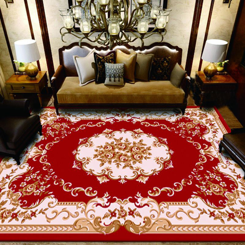 Dark Red Extravagant Rug Polyester Graphic Area Rug Non-Slip Backing Rug for Drawing Room