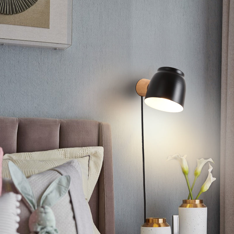 Nordic Wood Wall Light Geometric Metal Shade Wall Sconce with Switch for Bedroom