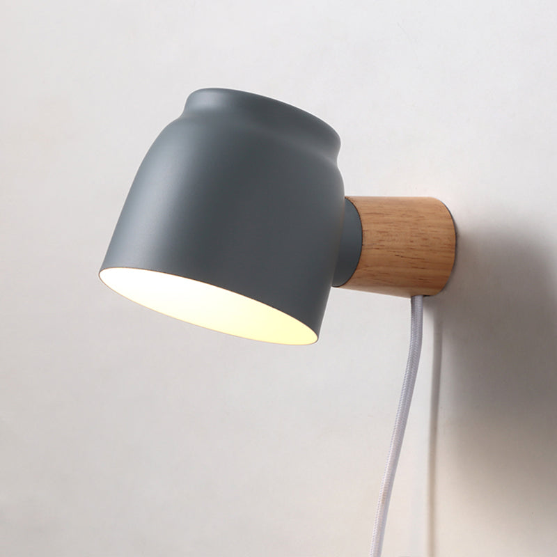 Nordic Wood Wall Light Geometric Metal Shade Wall Sconce with Switch for Bedroom