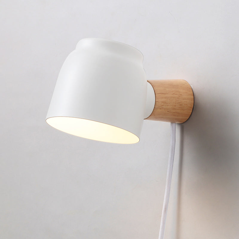 Nordic Wood Wall Light Geometric Metal Shade Wall Sconce with Switch for Bedroom