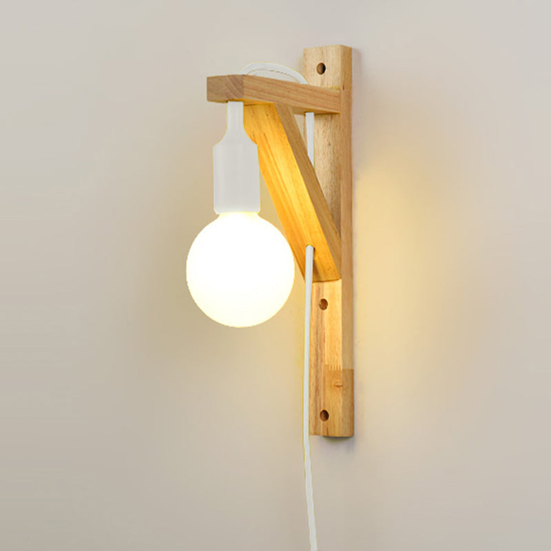 Nordic Wood Wall Light Geometric Metal Shade Wall Sconce with Switch for Bedroom