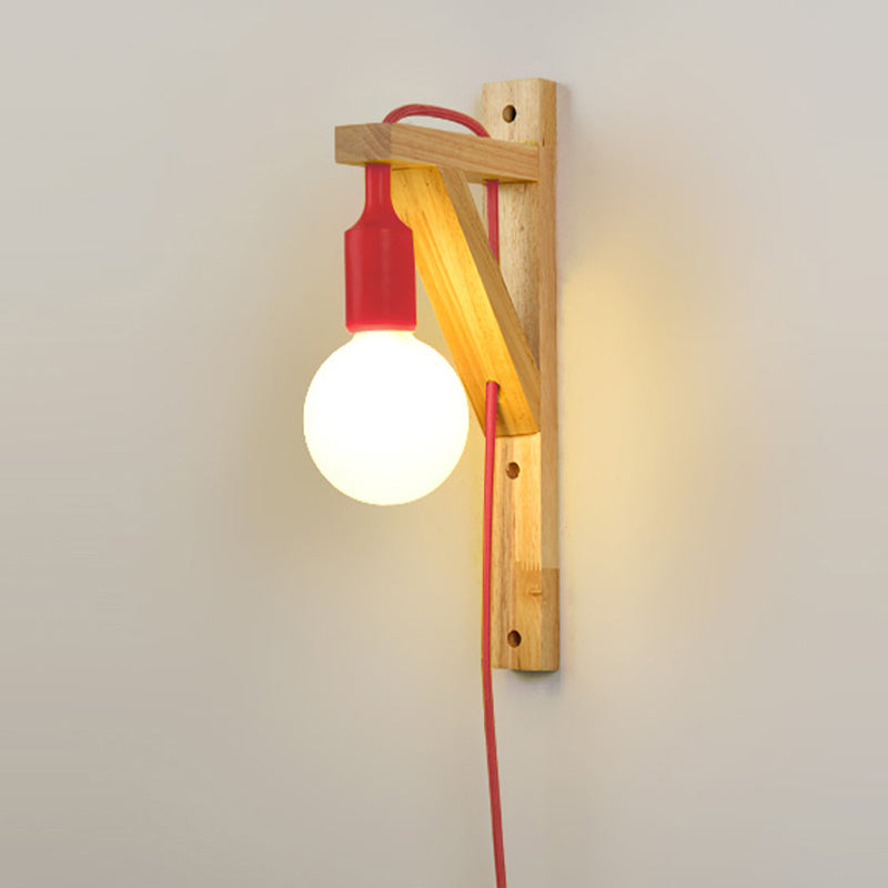 Nordic Wood Wall Light Geometric Metal Shade Wall Sconce with Switch for Bedroom