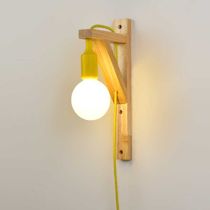 Nordic Wood Wall Light Geometric Metal Shade Wall Sconce with Switch for Bedroom