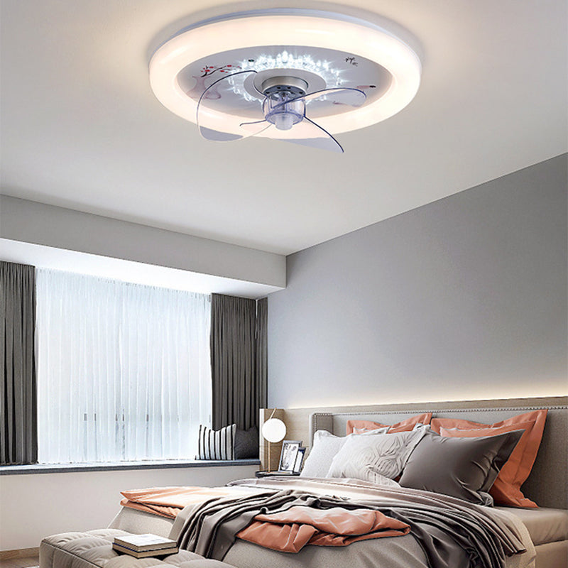 Simple Circular LED Fan Light 3-Blade Bedroom Semi Flush Ceiling Light in White