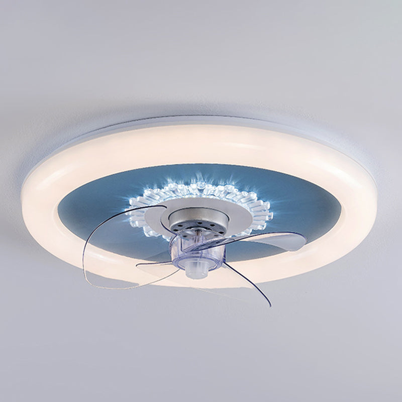 Simple Circular LED Fan Light 3-Blade Bedroom Semi Flush Ceiling Light in White