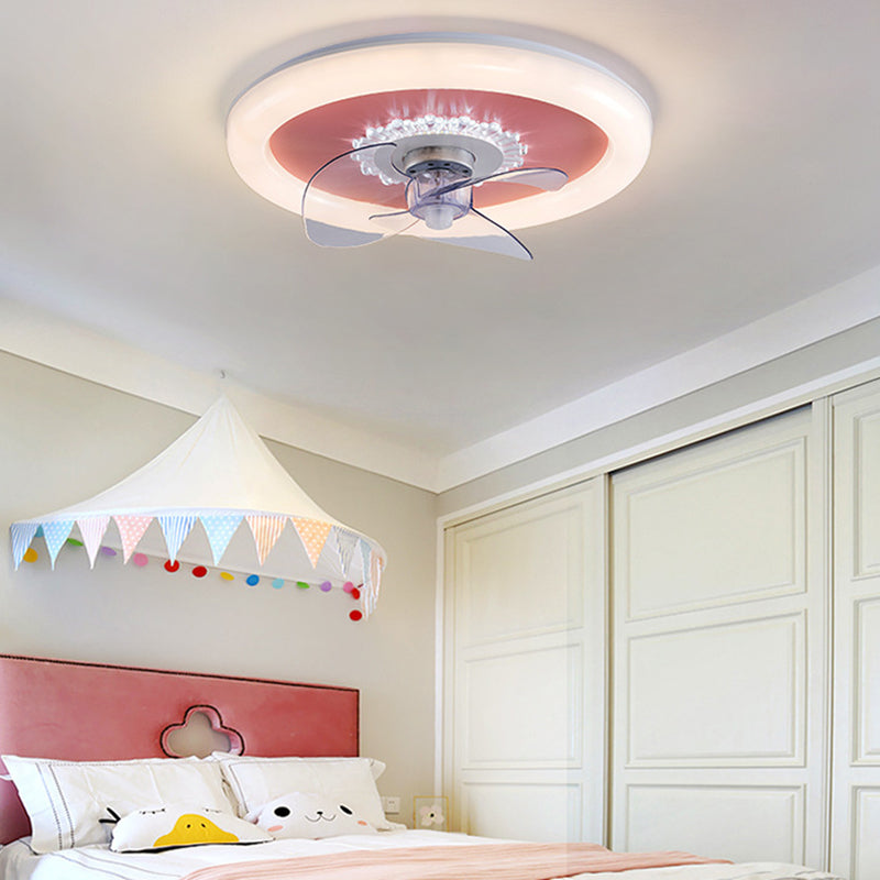 Simple Circular LED Fan Light 3-Blade Bedroom Semi Flush Ceiling Light in White