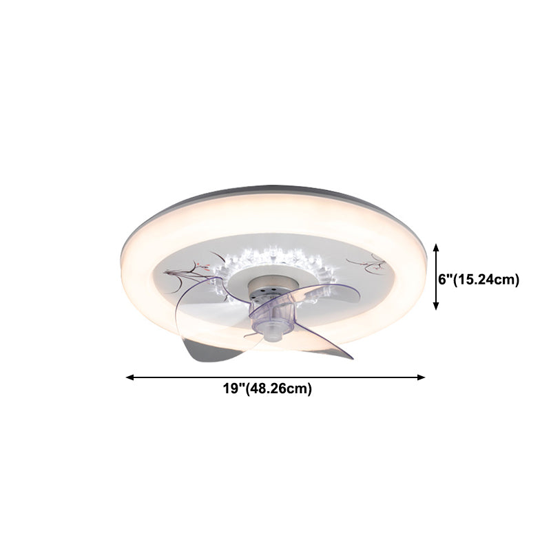 Simple Circular LED Fan Light 3-Blade Bedroom Semi Flush Ceiling Light in White