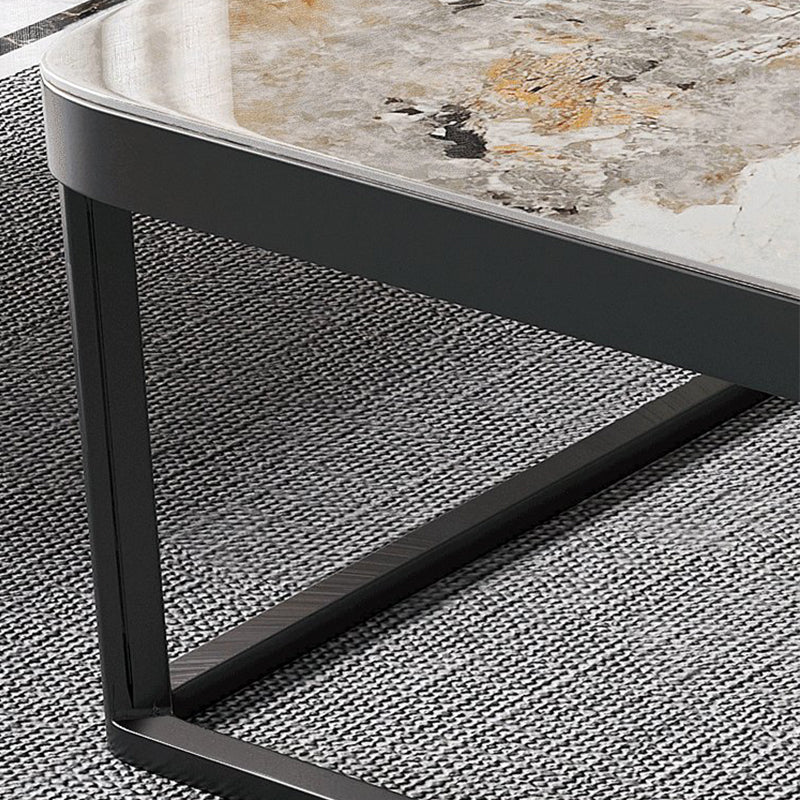 Coffee Table with a Black Frame Base Made of Glass and Rock Sheet and a Square Top