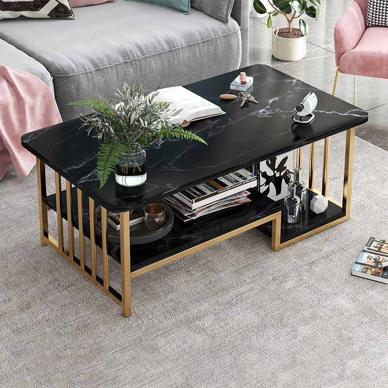 Modern Metal Marble Coffee Table Rectangle Cocktail Table with Shelf