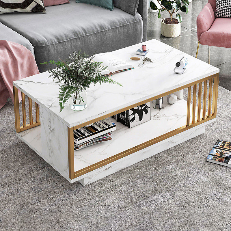 Modern Metal Marble Coffee Table Rectangle Cocktail Table with Shelf