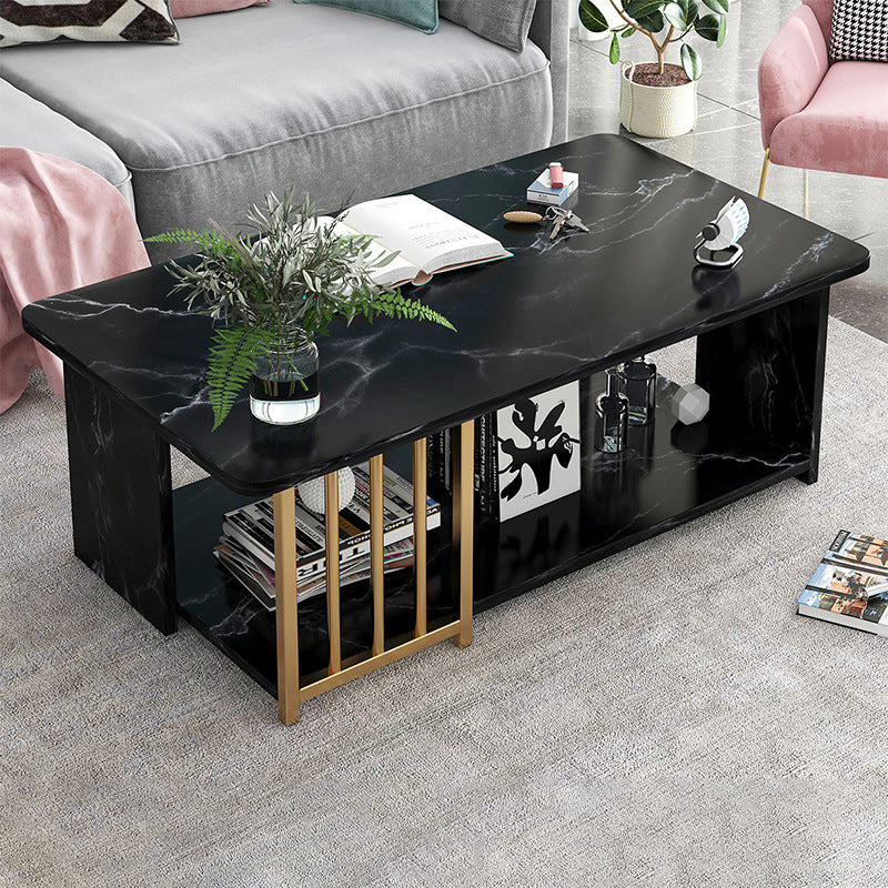 Modern Metal Marble Coffee Table Rectangle Cocktail Table with Shelf