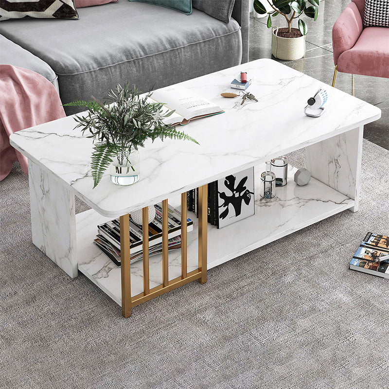 Modern Metal Marble Coffee Table Rectangle Cocktail Table with Shelf