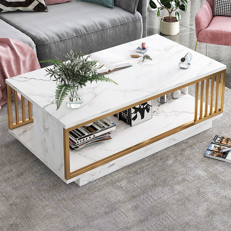 Modern Metal Marble Coffee Table Rectangle Cocktail Table with Shelf