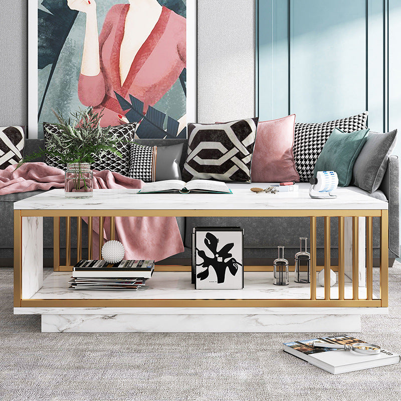 Modern Metal Marble Coffee Table Rectangle Cocktail Table with Shelf