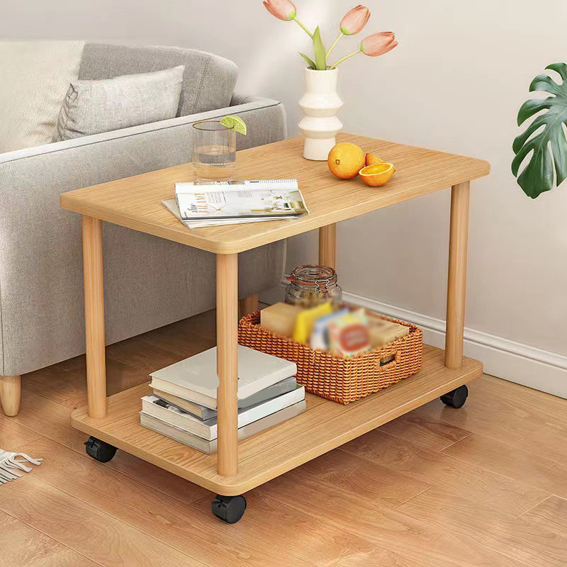 Rectangular 4 Legs Side Table Natural/White One-Shelf End Table with Wheels