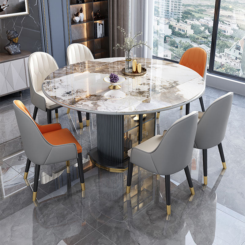 Glam Home Extendable Dining Table Sintered Stone Pedestal Table with Drawers