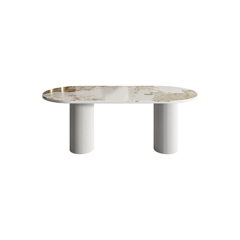 Table de salle à manger ovale moderne avec dessus en pierre et double piédestal en métal