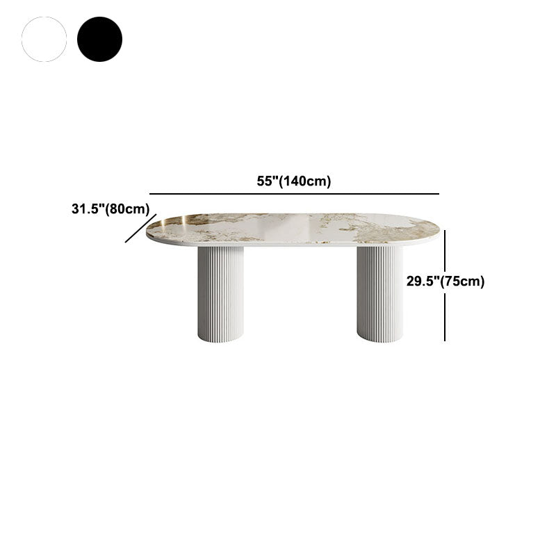 Table de salle à manger ovale moderne avec dessus en pierre et double piédestal en métal