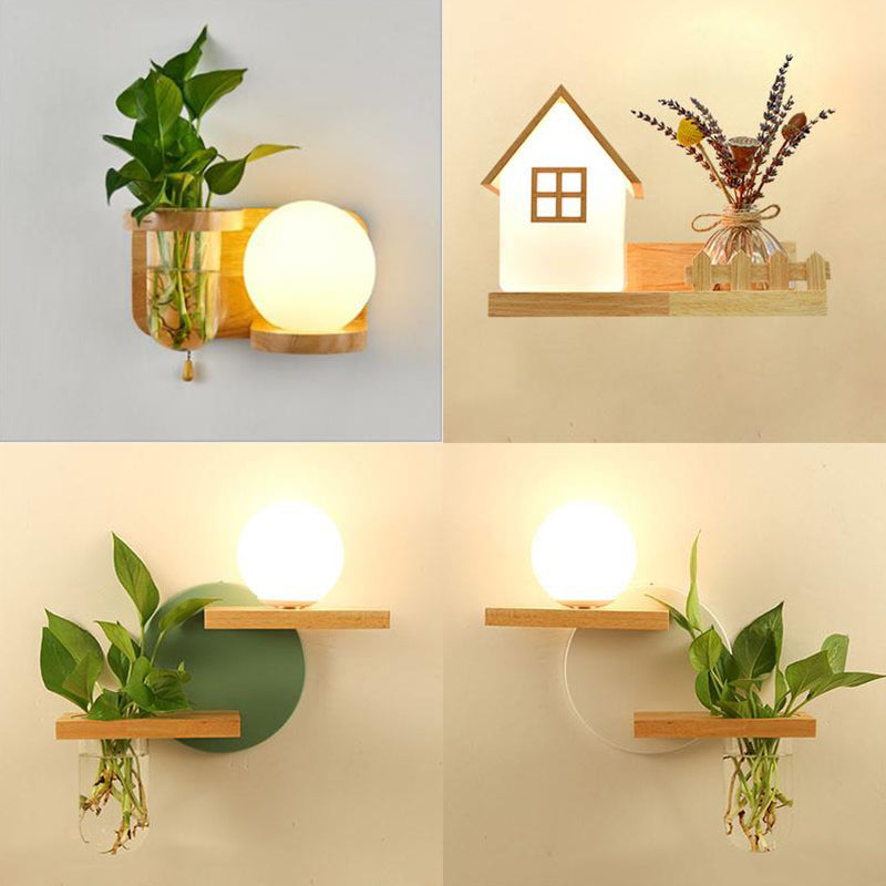Creative Wooden Wall Light without Plants Modern Style Glass Shade Wall Light Fixture