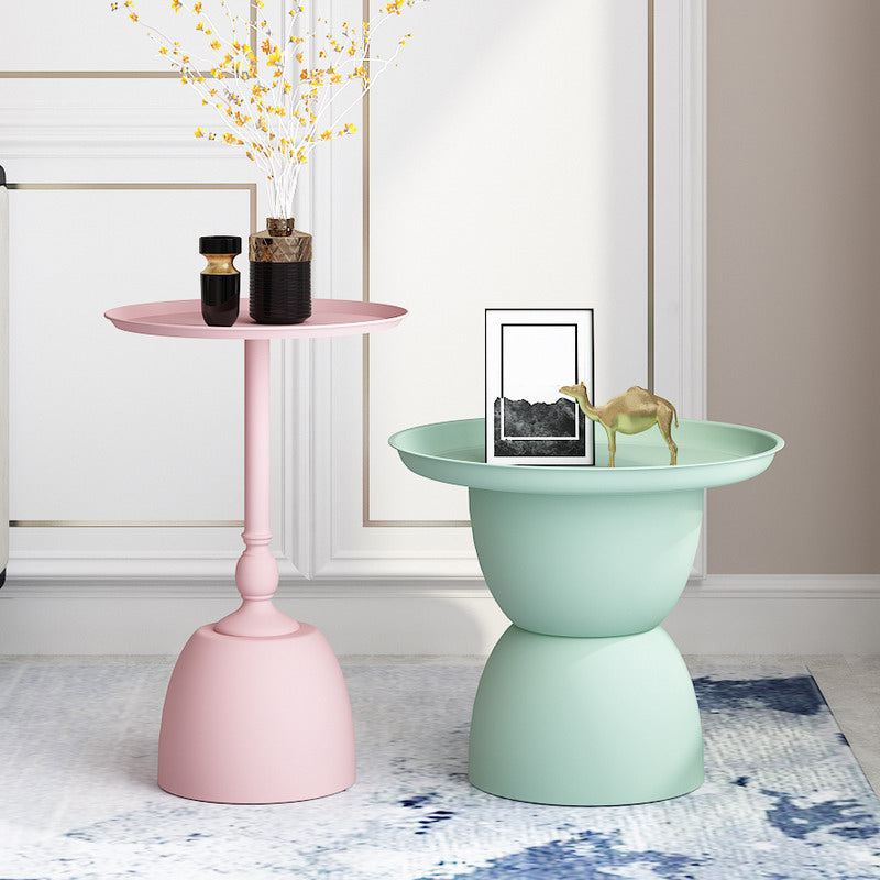 Iron Pedestal End Table Blue/ Pink Round Metal Tray Top Side End Table