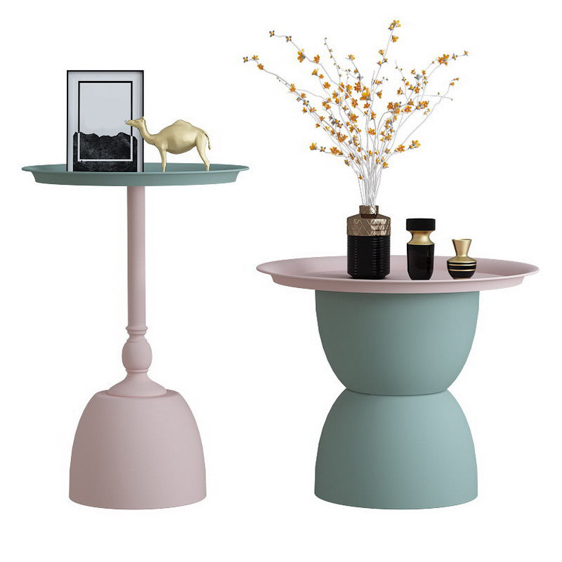 Iron Pedestal End Table Blue/ Pink Round Metal Tray Top Side End Table