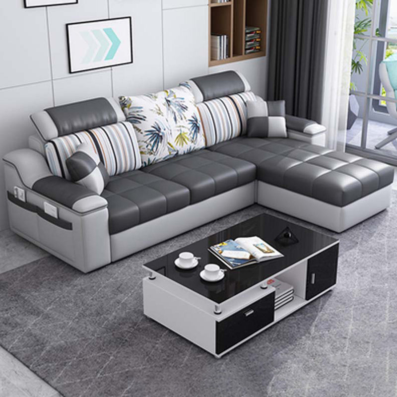 Contemporary Faux Leather/Fabric Sofa with Bolster Pillows for Living Room