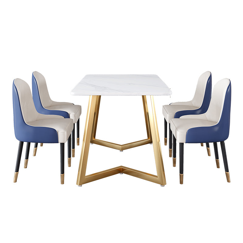 Glam Iron Dinette Set 1/2/5/6 Pieces Rectangle White Sintered Stone Top Dining Table Set