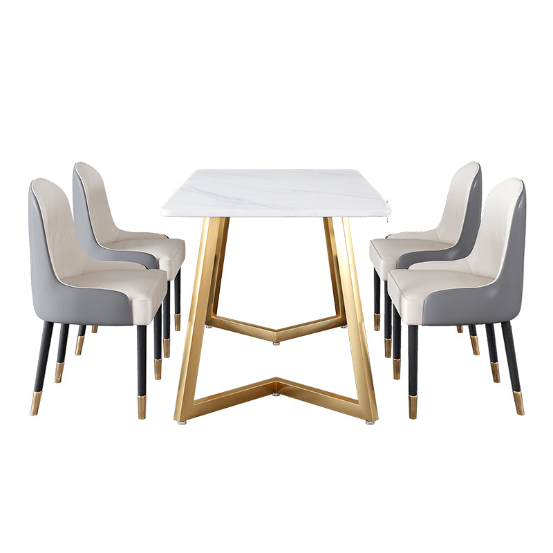 Glam Iron Dinette Set 1/2/5/6 Pieces Rectangle White Sintered Stone Top Dining Table Set