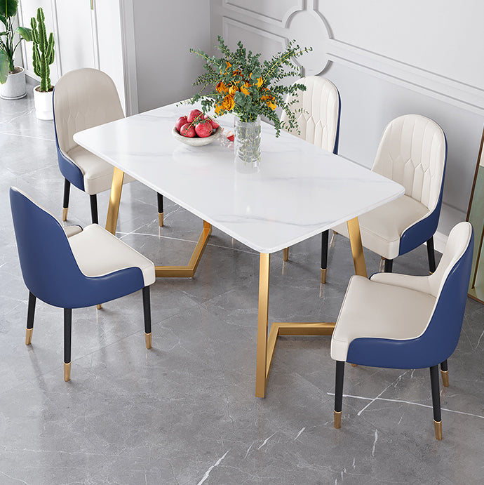 Glam Iron Dinette Set 1/2/5/6 Pieces Rectangle White Sintered Stone Top Dining Table Set