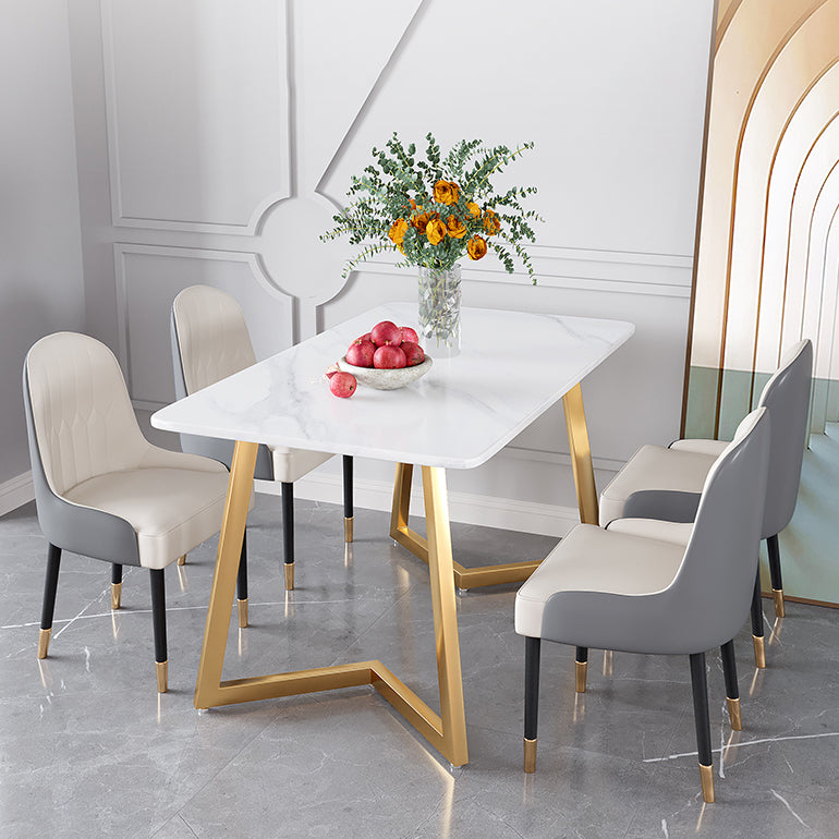 Glam Iron Dinette Set 1/2/5/6 Pieces Rectangle White Sintered Stone Top Dining Table Set