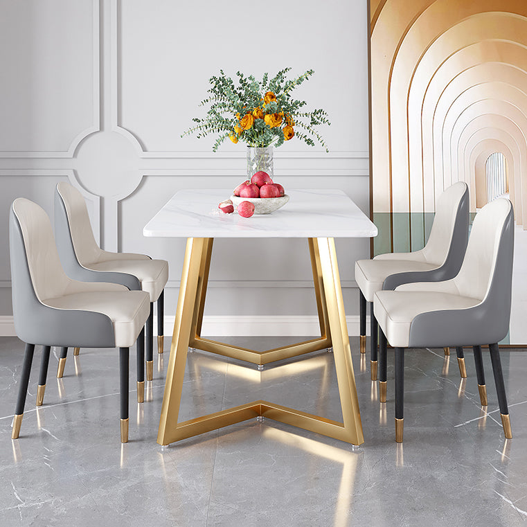 Glam Iron Dinette Set 1/2/5/6 Pieces Rectangle White Sintered Stone Top Dining Table Set
