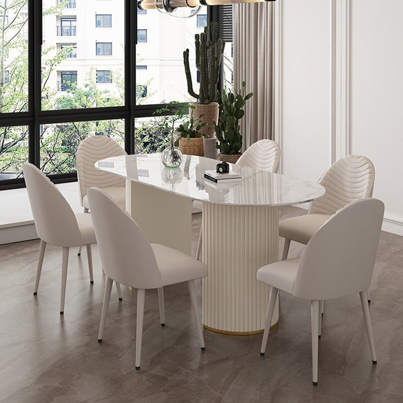 Modern Oval Dining Table Stone and Metal Double Pedestal Dining Table in White