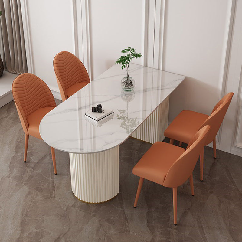 Modern Oval Dining Table Stone and Metal Double Pedestal Dining Table in White