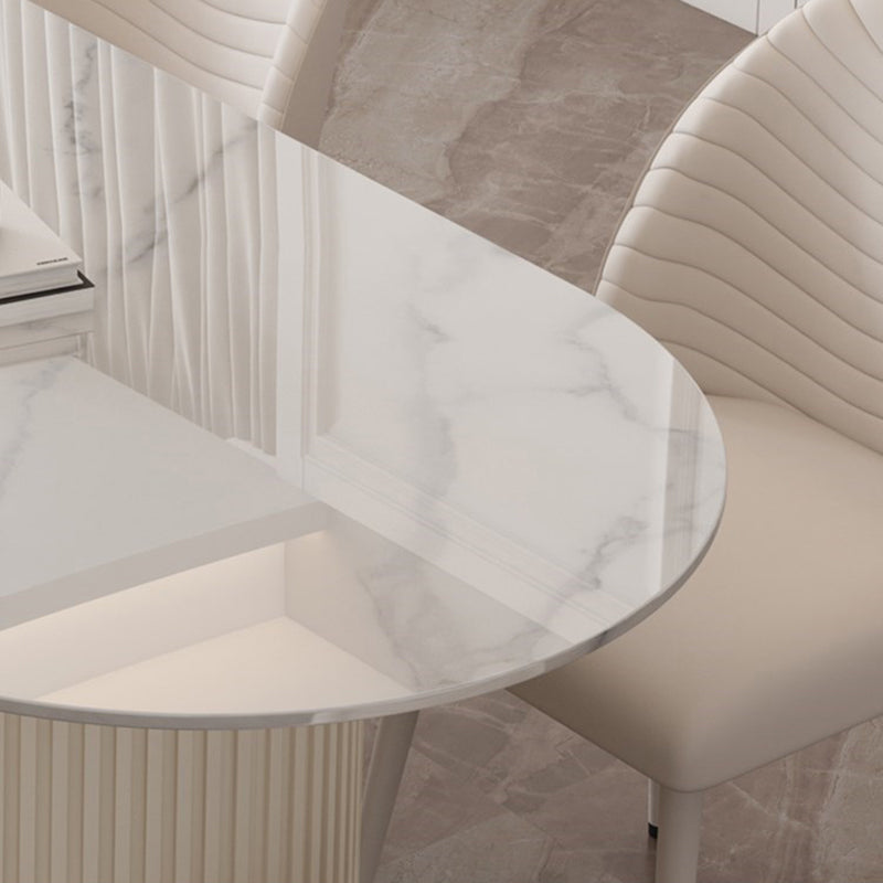 Modern Oval Dining Table Stone and Metal Double Pedestal Dining Table in White