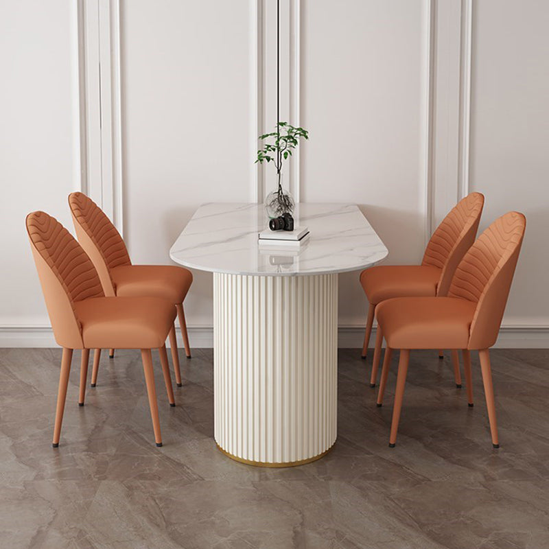 Modern Oval Dining Table Stone and Metal Double Pedestal Dining Table in White