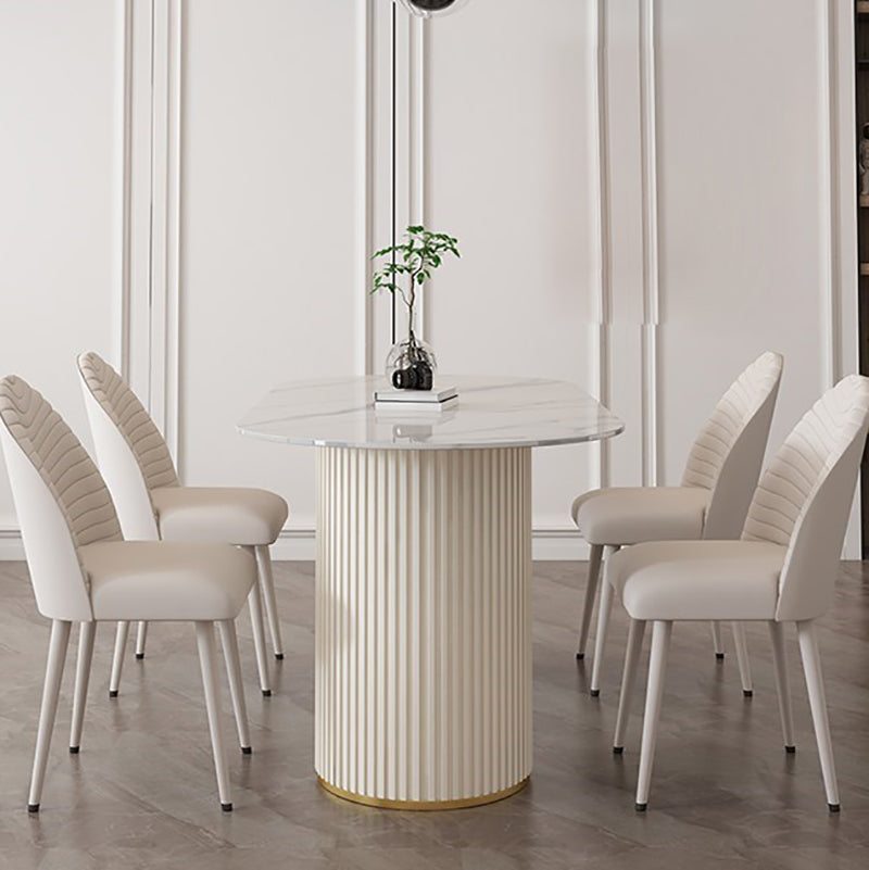 Modern Oval Dining Table Stone and Metal Double Pedestal Dining Table in White