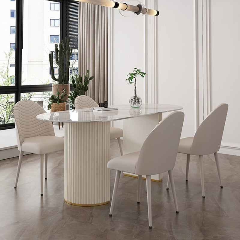 Modern Oval Dining Table Stone and Metal Double Pedestal Dining Table in White