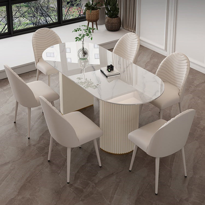 Modern Oval Dining Table Stone and Metal Double Pedestal Dining Table in White