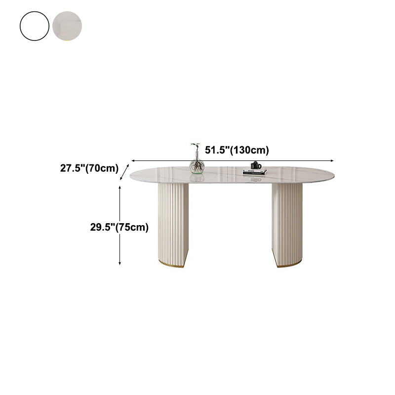 Modern Oval Dining Table Stone and Metal Double Pedestal Dining Table in White