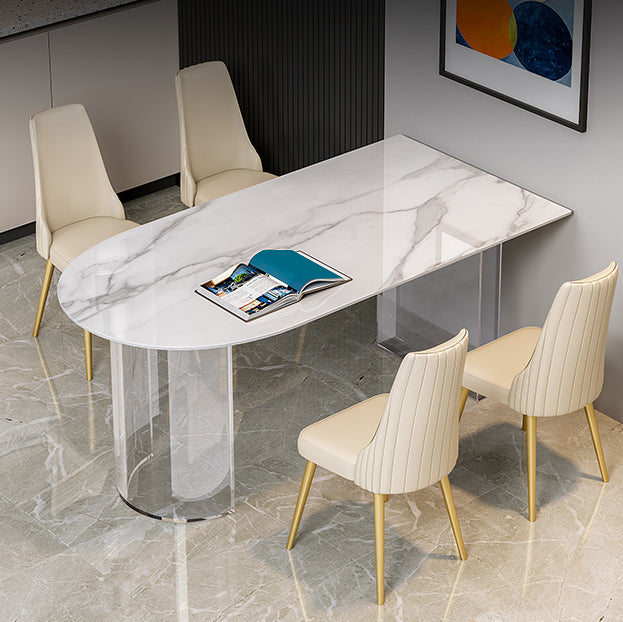 Stone Center Top Dining table Acrylic Double Pedestal Modern White Dinette Table