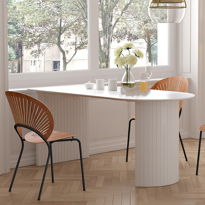 Irregular Shape Dining Table in White Modern Island Table with Double Pedestal