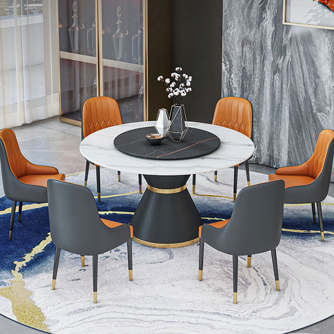 Round Stone Dining Table Black Base Traditional Luxury Dinette Table in White