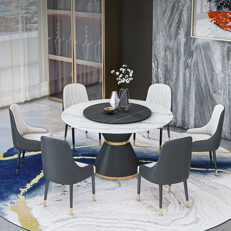 Round Stone Dining Table Black Base Traditional Luxury Dinette Table in White
